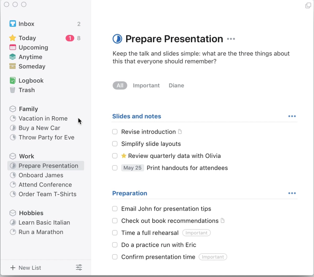 In Slim Mode you can easily collapse the sidebar, on MacOS as well as on the iPad. Note the Progress Pies against the projects in the sidebar. They are a handy was to judge progress in completing individual projects
